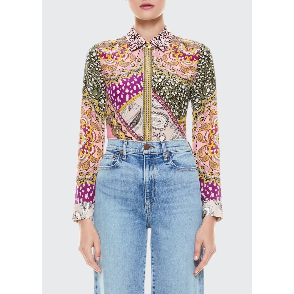 Alice + Olivia Willa Mixed Print Silk Button Front Blouse Size Small